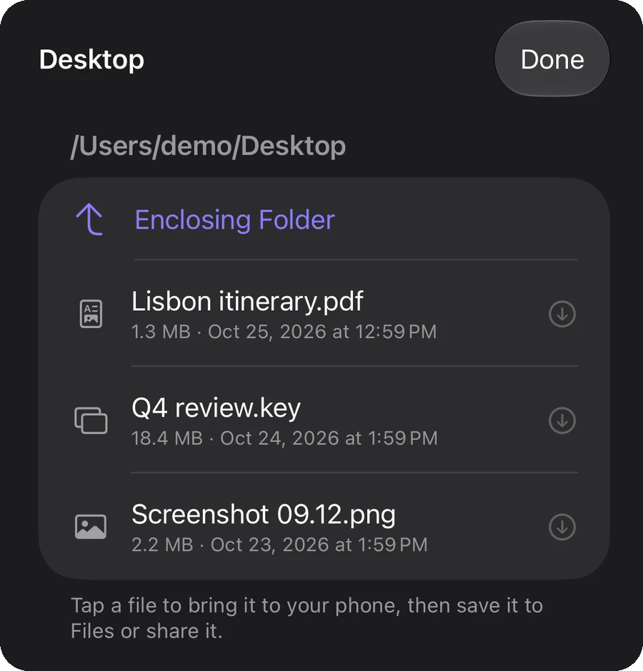 Ubimi's file browser listing the Mac's Desktop folder